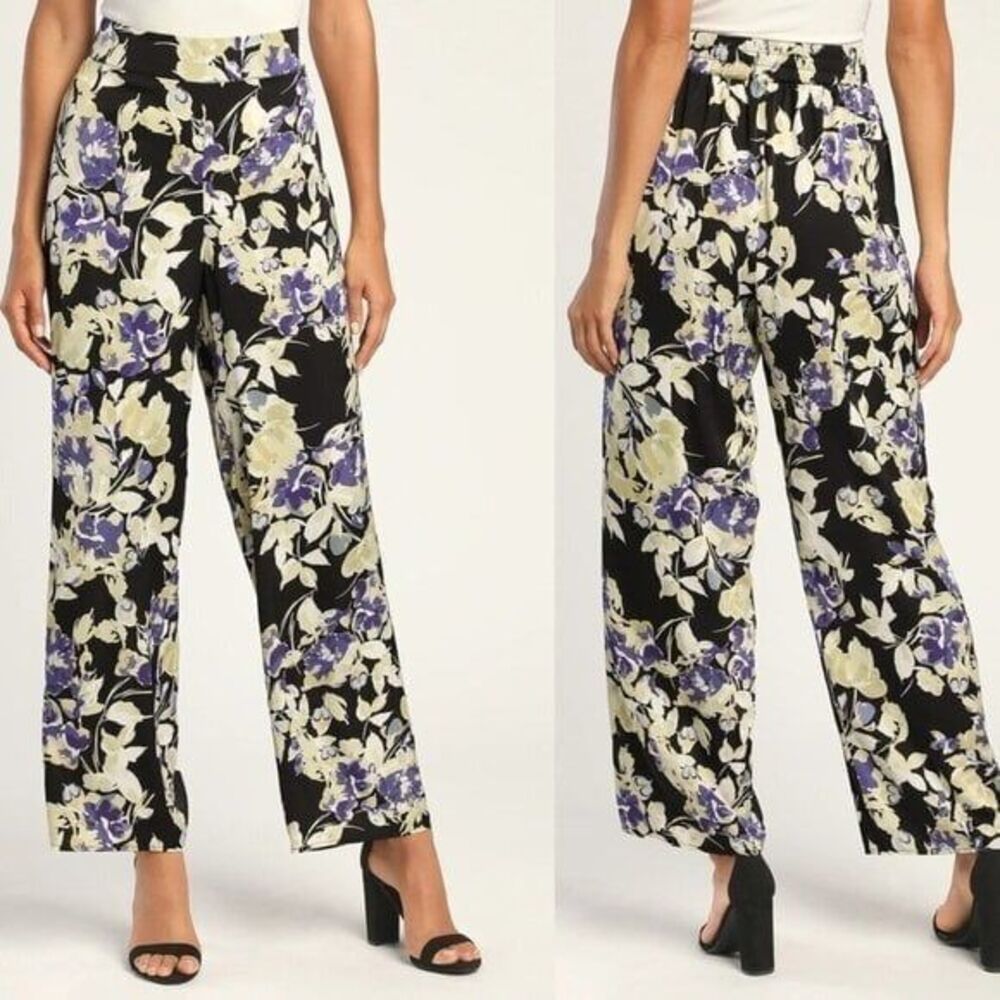 Lulu's Women Black Satin Floral High-Waisted Wide-Leg Pants Large NEW